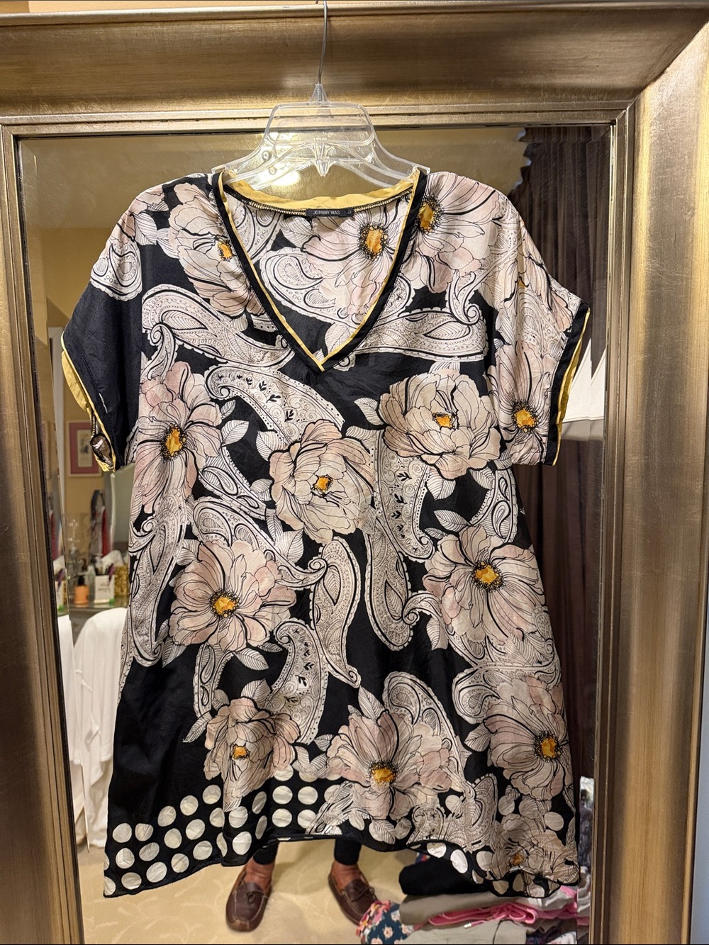 Johnny Was Black Floral Paisley V-Neck Tunic with Yellow Trim L
